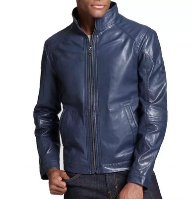Men's Blue Real Leather Biker Jacket Handmade Soft Lambskin Motorcycle Coat