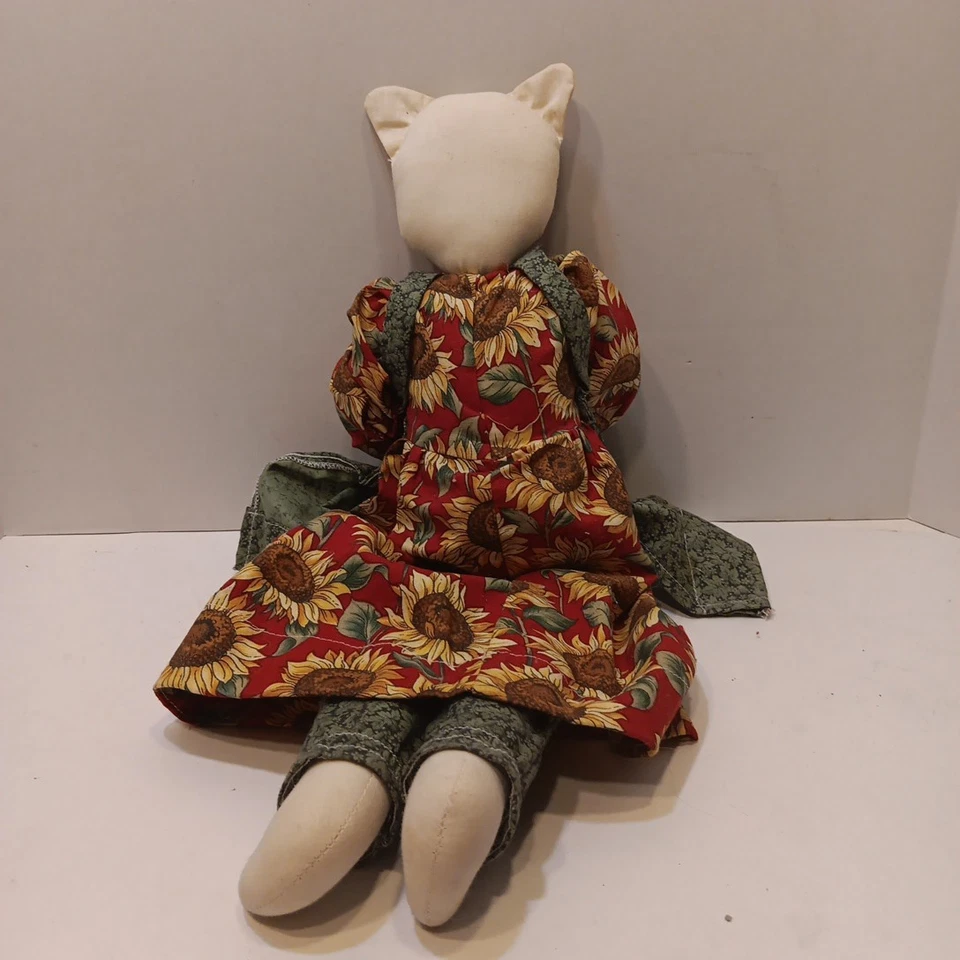 Muñeca gato atigrado primitivo otoño girasol vestido hecho a mano de colección estante cuidador Foto 2 de 4