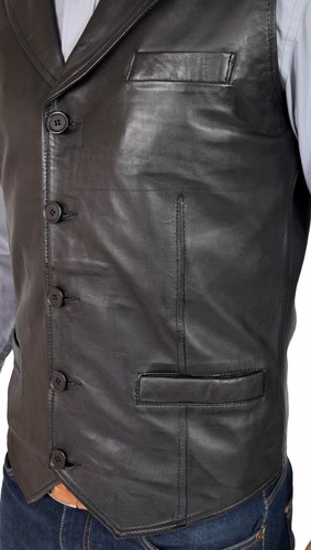 Para hombre Negro Cuero Suave Chaleco Cuello Chaleco Clásico Estilo Occidental Chaleco Abrigo - Imagen 3 de 11