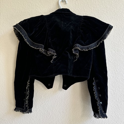Vtg RoccoBarocco Women's 40 Ruffled Bolero Long Sleeve Black Gold Velvet Jacket - Picture 10 of 13