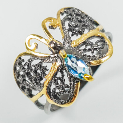 Vintage Gift Jewelry Natural Blue Topaz Silver Ring 925 Sterling / RVS368