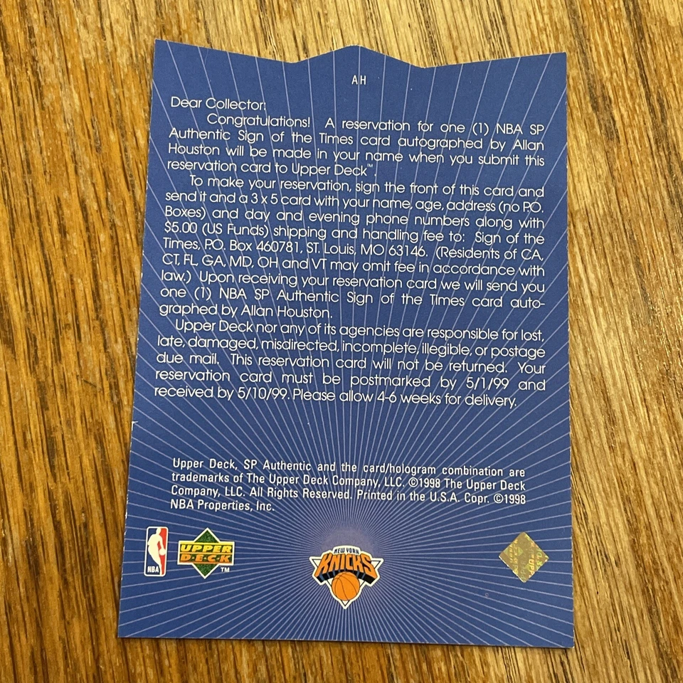1997-98 SP Authentic Sign of the Times Allan Houston #AH TRADE CARD Unredeemed - Image 3 of 4