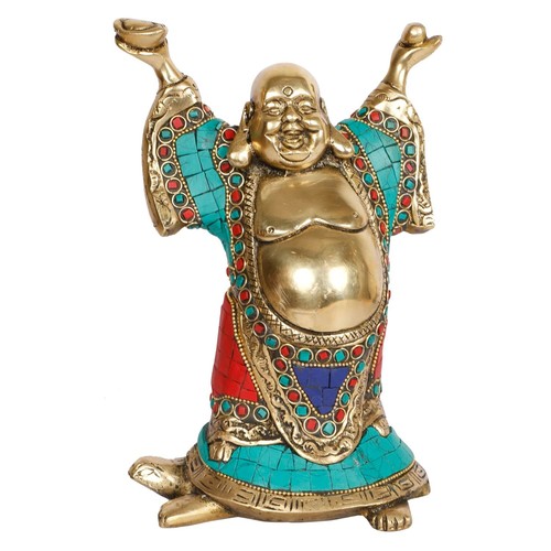 Feng-Shui Lachende Buddha Stehend Auf Schildkröte Messing Statue Idol Heim Dekor - Picture 3 of 6