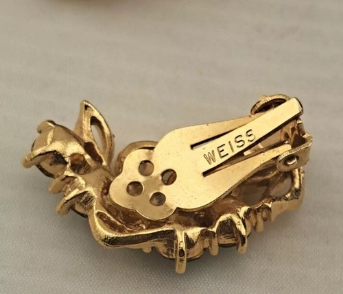 Orecchini Vintage BIANCO Verde Scuro Rotondo Strass Spilla Clip-on Tono Oro - Foto 6 di 16