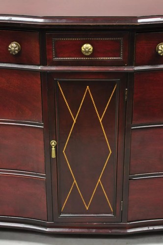 Mahogany Chinese Chippendale Long Dresser Credenza w/ Tooled Leather Door Front - Picture 3 of 12