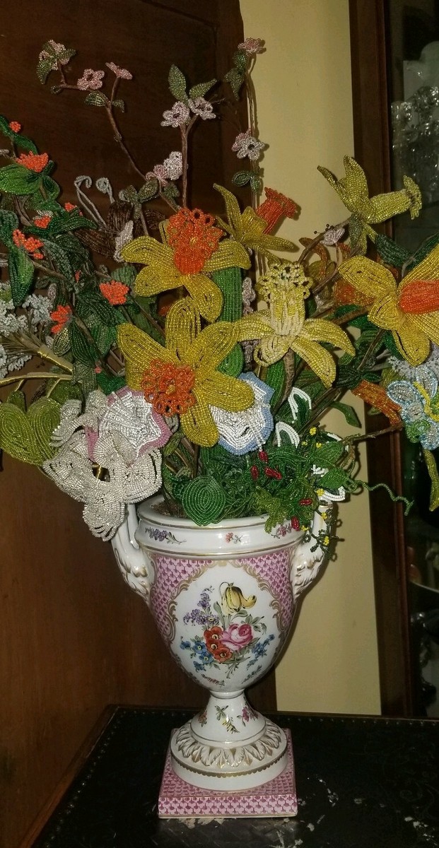 ANTIQUE SAMSON CONTINENTAL FLORAL PORCELAIN VASE W/ GLASS BEADED