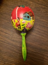 Vintage Handpainted Wooden Maraca Rumba Shakers Rattle Farm Scenes