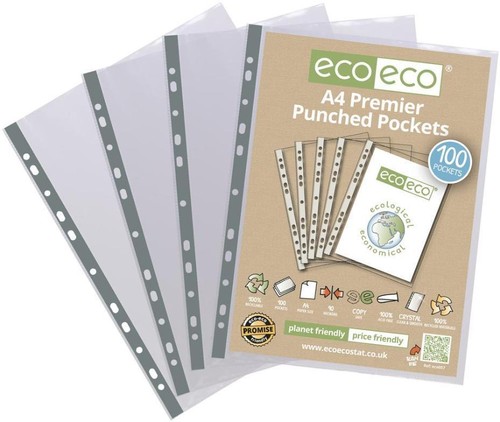 A4 100% Reciclado Premier Multi Taladrado Bolsillos - Paquete De 100 - ECO-ECO