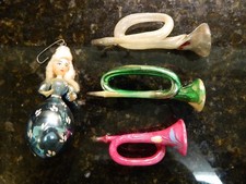 Vintage Lady w/ Cotton Hair Figural Glass Christmas Ornament & 3 Horn Ornaments