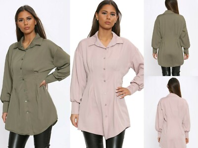 Damen Frauen Langarm Satin Seidig Long Tops Shirts Mädchen Bluse Kleider