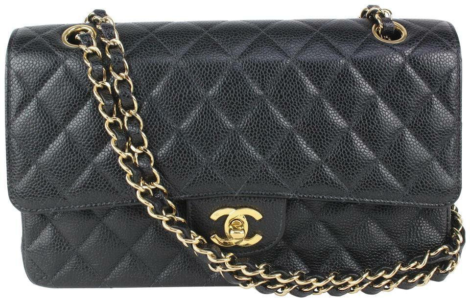 Chanel Black Quilted Caviar Medium Double Classic Flap Gold Chain Bag  1014c25