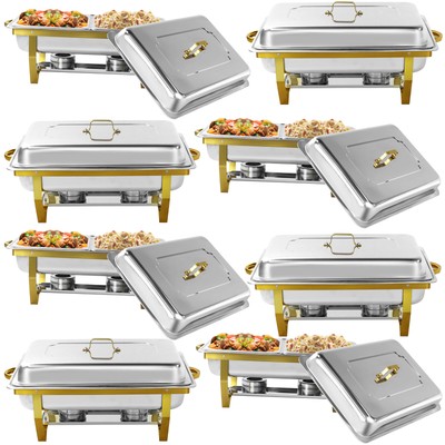 8 Pack Gold 8QT Stainless Steel Chafers Chafing Dish Sets Catering Food Warmer