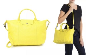 Details About Nwt Longchamp Medium Le Pliage Cuir Leather Top Handle Tote Yellow