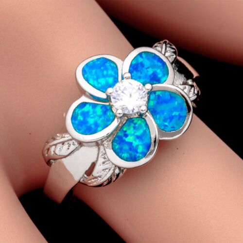 Plumeria 4mm Simulated Moissanite Blue Fire Opal Silver Jewelry Ring SZ 6 7 8 9 - Picture 3 of 30