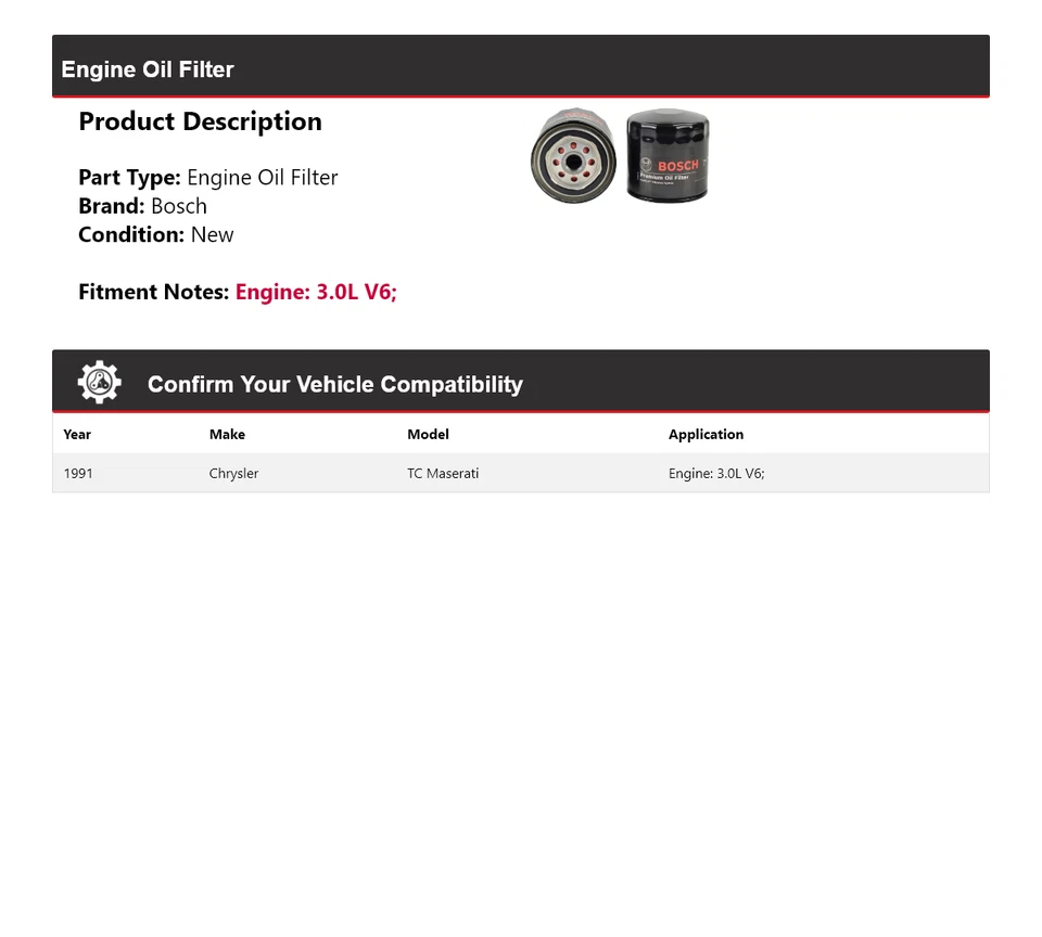 Filtro de aceite Bosch Premium para Chrysler TC Maserati 1991 3,0 L V6 Foto 2 de 3