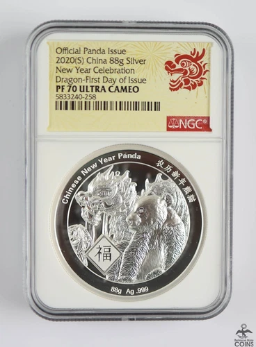 2020 China Panda & Dragon .999 Silver 88g Medal NGC PF70 Ultra Cameo + COA & Box