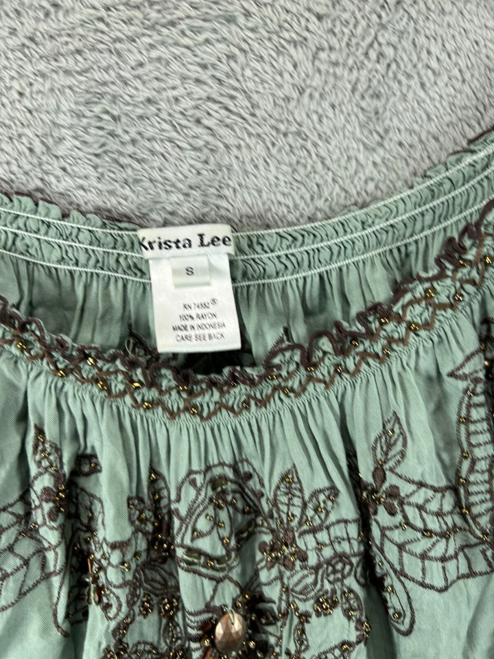 Mini Vestido Túnica Pequeño Boho Verde Con Cuentas Bordado Verde Krista Lee para Mujer Foto 3 de 4
