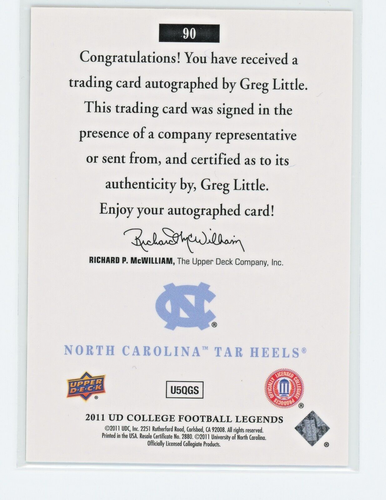 GREG LITTLE 2011 UPPER DECK COLLEGE LEGENDS ROOKIE AUTO - #90 - NORTH CAROLINA - Picture 2 of 2