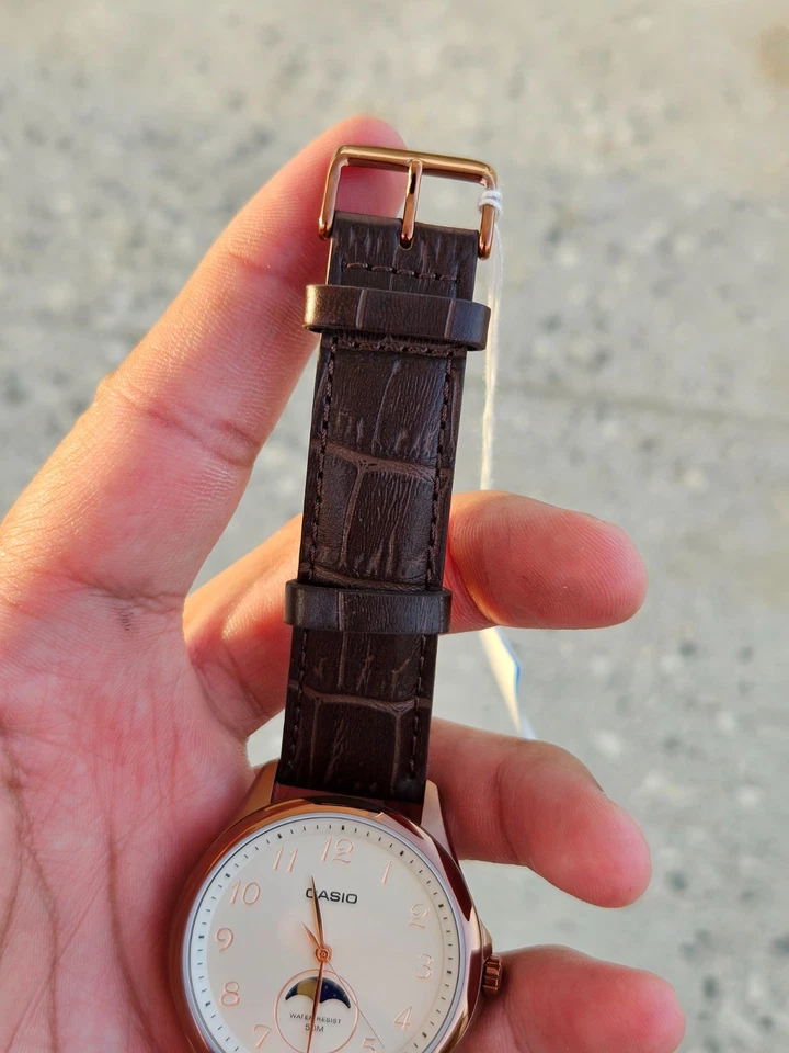 Casio MTP-M110RL-5AVDF Reloj Hombre Fase Lunar Oro Rosa Marrón Correa Cuero Nuevo Foto 4 de 4