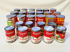 Lot of 27 cans of play food - includes Campbell's, Del Monte, Hunt's, Heinz