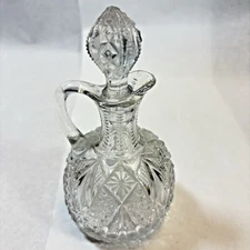 Vintage Pressed Glass Cruet 6 inch Stopper Handle Oil Vinegar A3