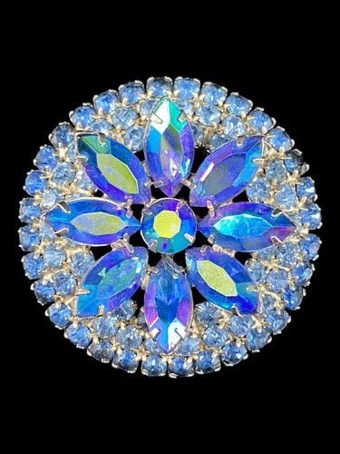 Vintage MCM 1950's Juliana Delizza & Elster Blue Rhinestone Flower Brooch 2"