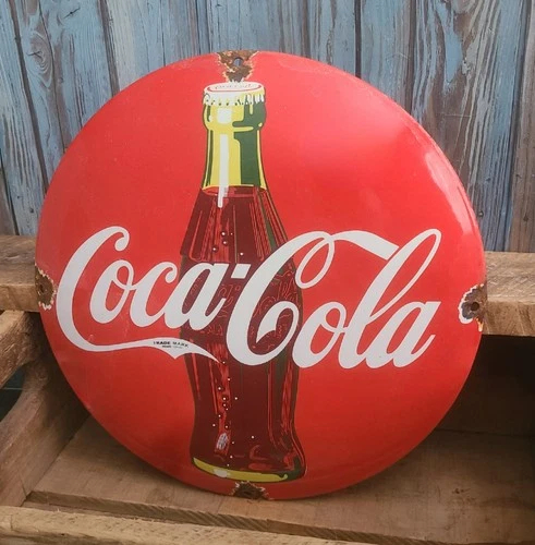 Vintage Coca Cola Coke Bottle Porcelain Soda Pop Advertising Dome Button Sign
