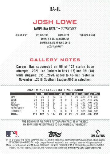 2022 Topps Gallery #RA-JL Josh Lowe Rookies Autographs - Picture 2 of 2