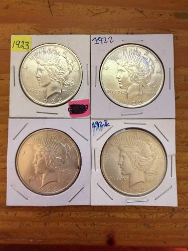 Lot of 4 Beautiful Peace Silver Dollars, UNC/AU, 90% Silver Content, 1922-1923