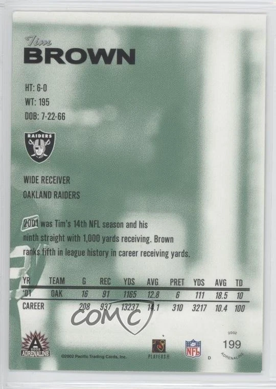 2002 Pacific Adrenaline Tim Brown #199 HOF - Image 2 of 2