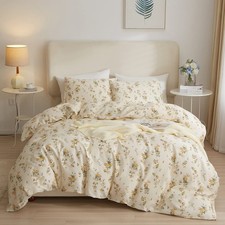 VM VOUGEMARKET Yellow Floral Duvet Cover Queen 3 Pieces Cotton Girls Cottagec...