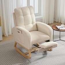 Rocking Chair,Nursery Rocking Chairs w/Soft Seat Footrest Side Pocket Teddy Flee