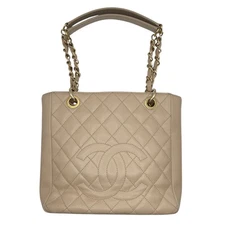 CHANEL PST Chain Tote Bag A50994 Caviar Leather Beige Gold Hardware #OK2231
