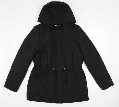 DKNY Damen schwarze Steppjacke mit Kapuze mittellang wattiert Größe M