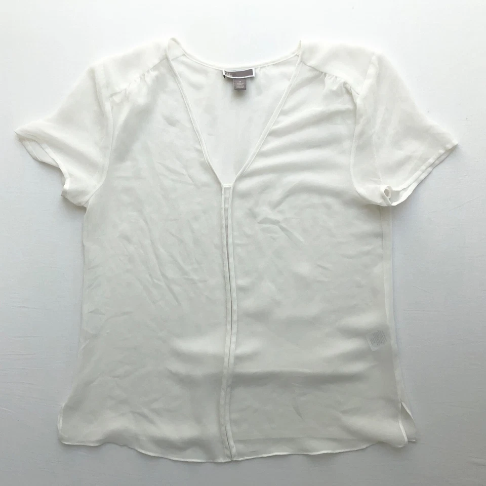 Y2K White Slinky Sheer Cap Sleeve Office Siren V-Neck Side Slit Blouse XS S M - Image 3 of 4