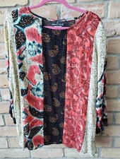 VTG 80s Carole Little Sz 12 Rayon Tunic Top Artsy Mixed Prints Multicolor LS USA