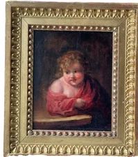 18th OLD MASTER CIRCLE FRAGONARD Portrait Young Child Leaning Oil Oak Painting