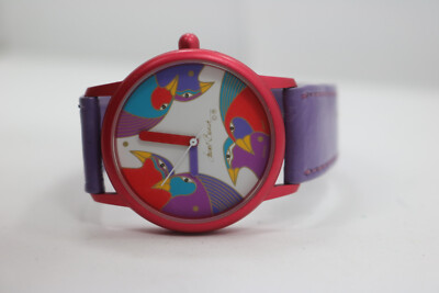 Vtg Laurel Burch Watch Artifacts Folk Art BIRDS Purple Leather Band New Batt