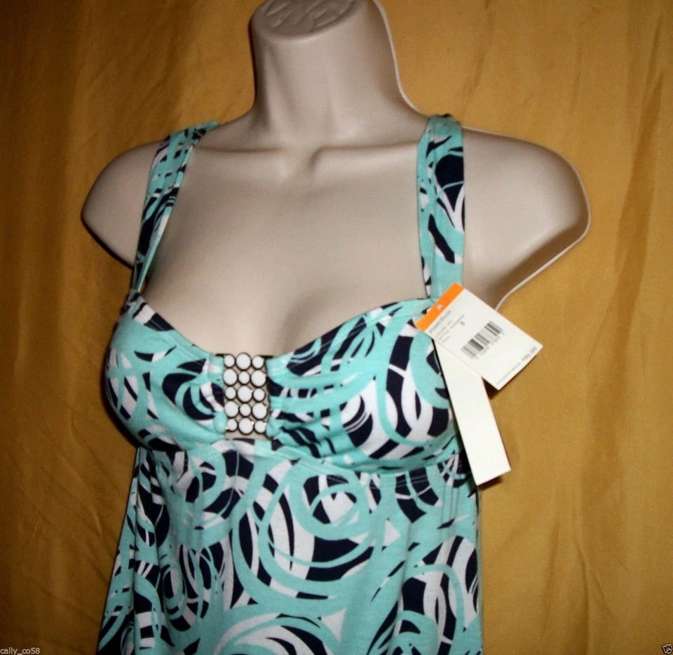 Perry Ellis Mujer Aqua Azul Marino Blanco Traje De Baño Encubrimiento Sol Vestido Acolchado Top S $90 Foto 4 de 4