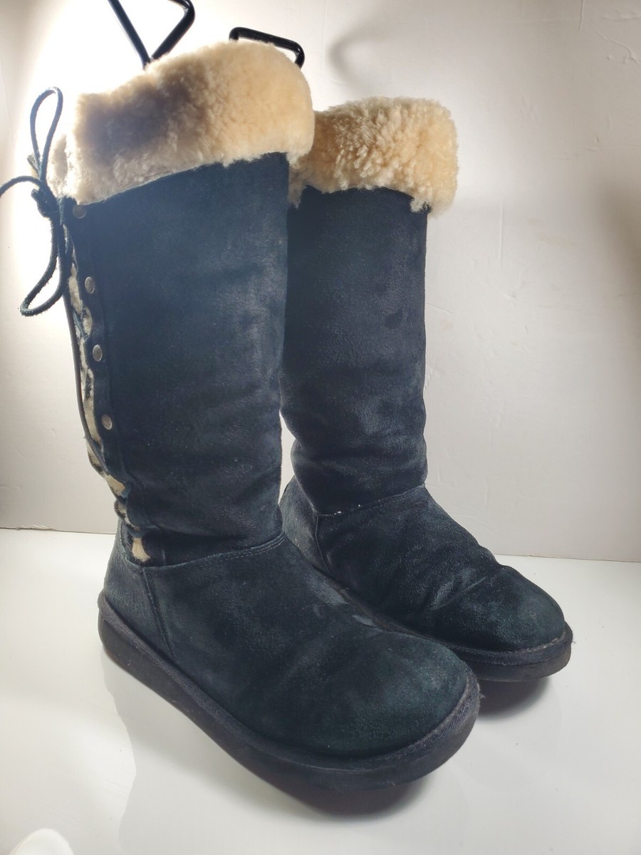 【U LAN】Belted Folding Mustang Long Ugg UGG Women's Upside Boot 5163 Black Suede Fury Shealing Cuff