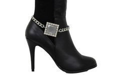 Women Fancy Boot Bracelet Silver Metal Chain Anklet Shoe Big Square Shape Charm