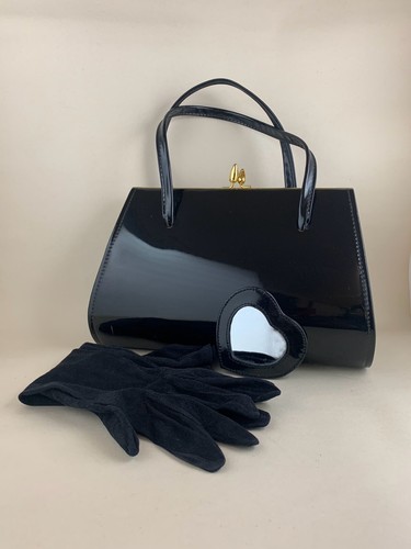 Bolso de mano vintage años 60 negro charol sintético forro de tela negro guantes y espejo - Imagen 22 de 22