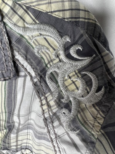 MK Machine Shirt Embroidered Swirl Over Plaid Pockets Cotton XL Button Down - Picture 4 of 12