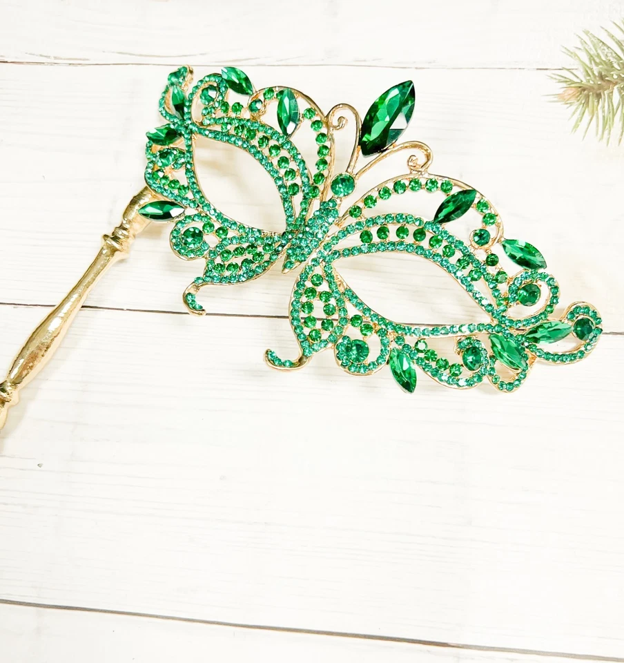 Masquerade Mask with Stick, Wedding Party Gold Mask, Prom Crystal Green Mask - Image 3 of 4