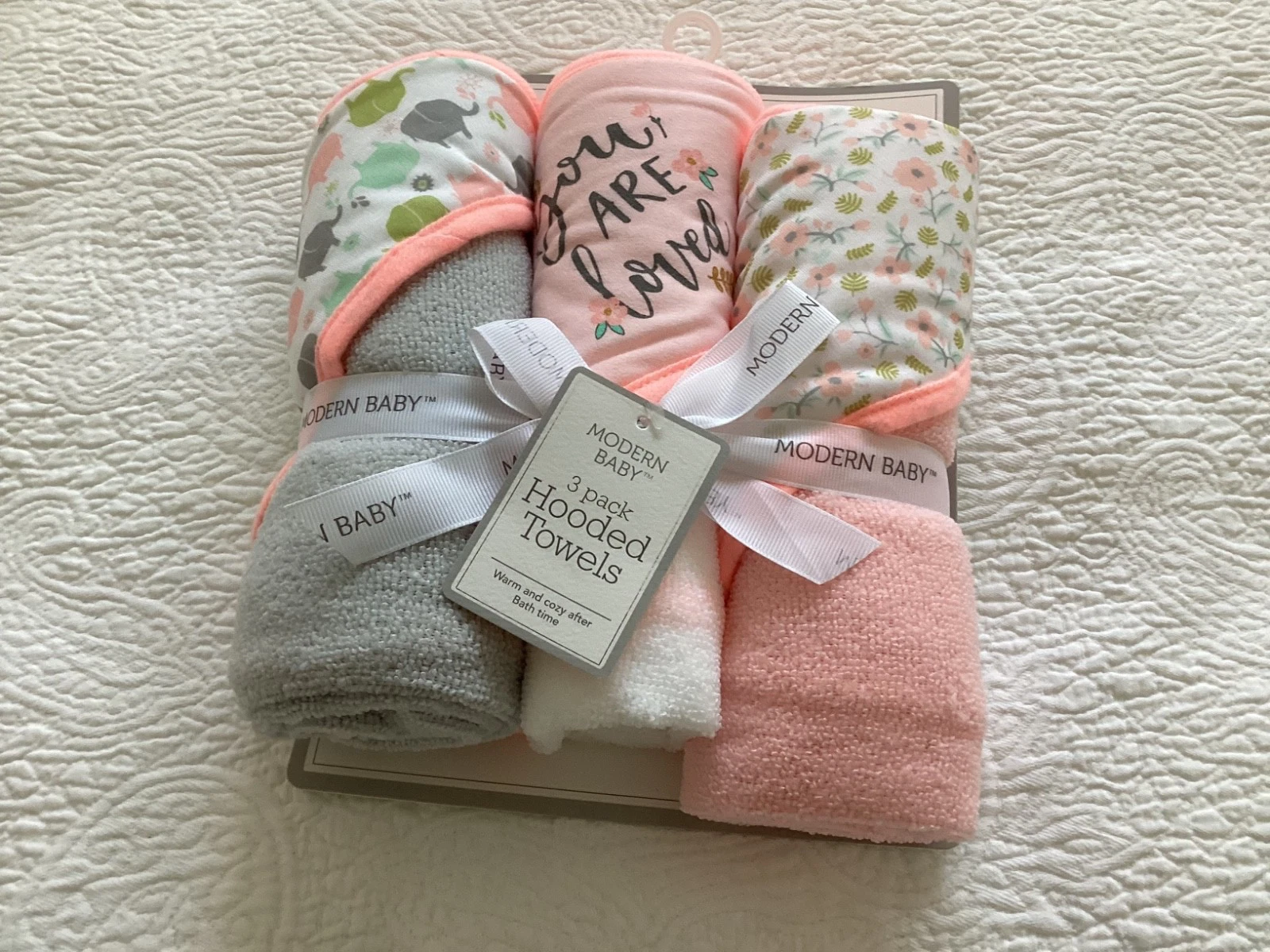 Modern Baby 3pk Hooded Towels You are Loved, Elephants, Flowers NEW