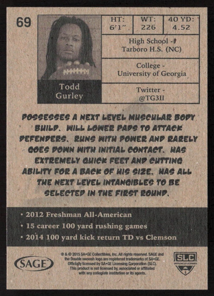 2015 SAGE HIT Todd Gurley #69 Georgia Bulldogs - Image 2 of 2