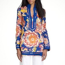 Tory Burch Wildflower Blue Yellow Floral Print Caftan Beach Tunic Top Blouse 4