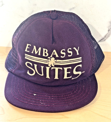 Vintage Embassy Suites Trucker Hat Purple Rare Snapback Hotel Promo USA Made