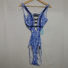 Cupshe One Piece Cutout Swimsuit Ladder Lace Plunge Blue White Black Large L New