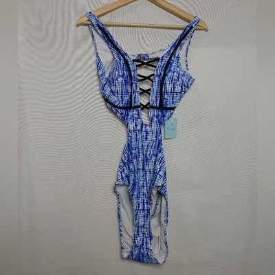 Cupshe One Piece Cutout Swimsuit Ladder Lace Plunge Blue White Black Large L New